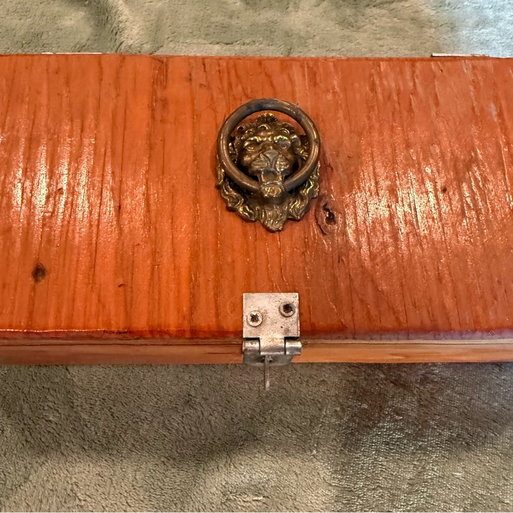 Vintage Wooden Storage Box w/ Brass Lion Ring Handle 11.5” Long - Picture 2 of 5